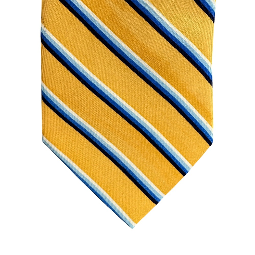 Christian Pelini Mens Yellow Blue White Striped Rayon Hand Made Necktie